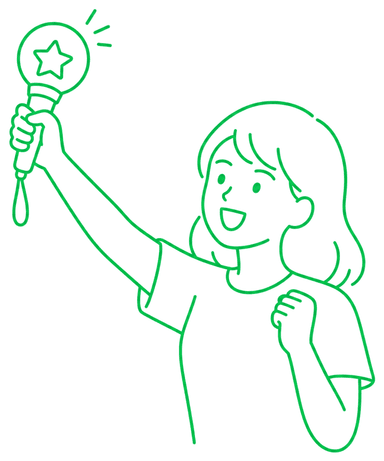 ペンライトを高く掲げて笑っている女性のイラスト