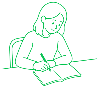 机に向かってノートに書き込みながら勉強する女性のイラスト